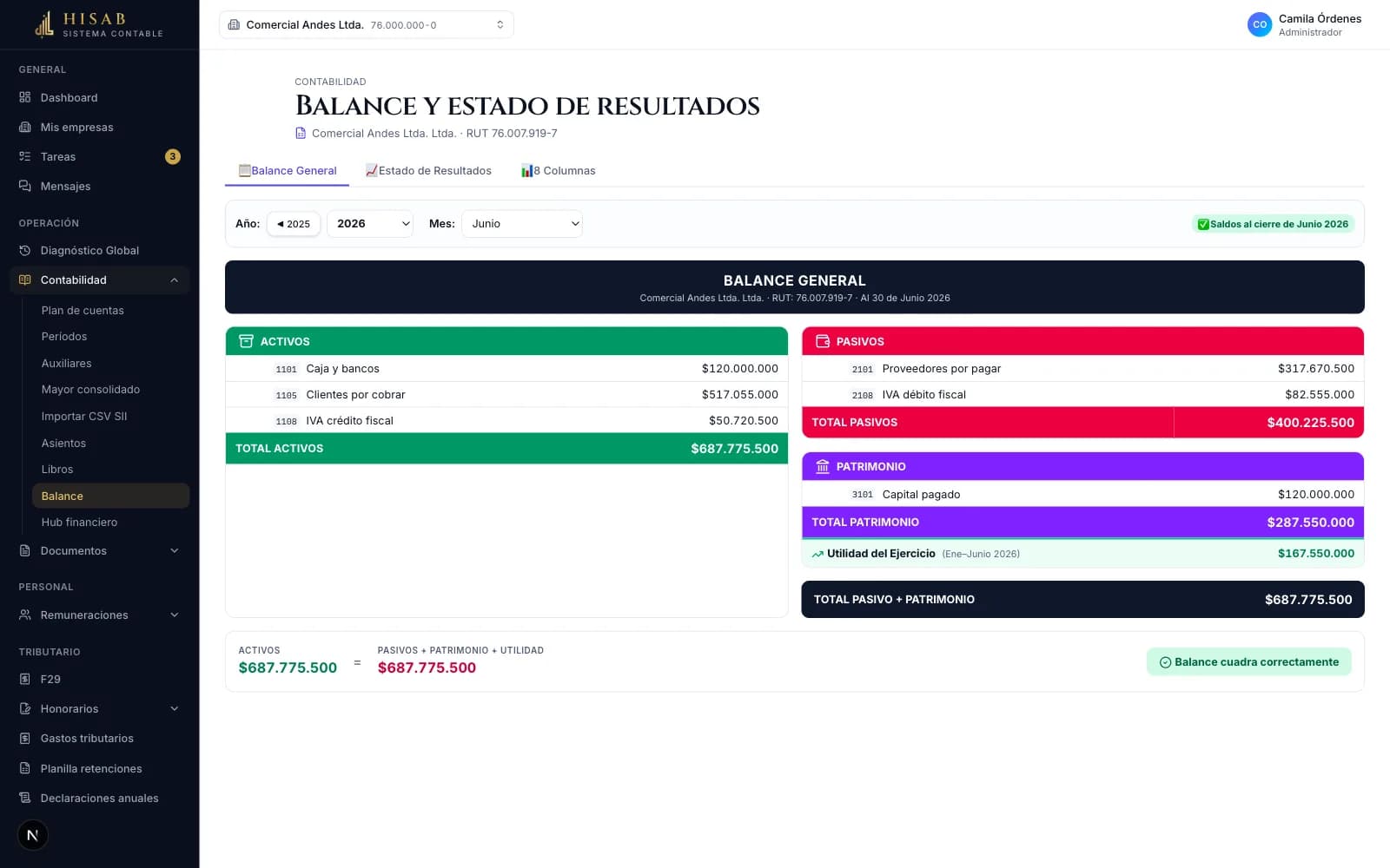 Balance general en Hisab con activos, pasivos y utilidad del ejercicio